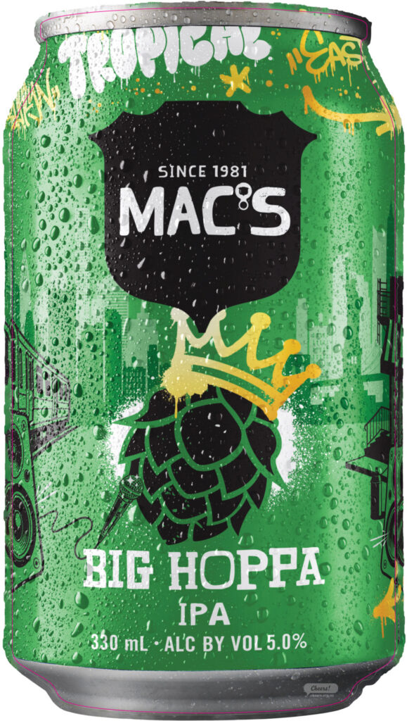 Green MAC'S Big Hoppa IPA can with a black label and yellow hop graphic, covered in condensation droplets.