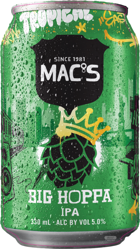 Green beer can labeled 'MAC'S Big Hoppa IPA' with water droplets, a black shield logo, a yellow crown atop a hop cone, and graffiti-style white lettering on a green background.