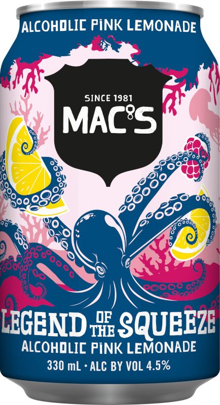 Can of MAC'S Legend of the Squeeze alcoholic pink lemonade featuring a blue octopus design, 330 ml, 4.5% ABV.