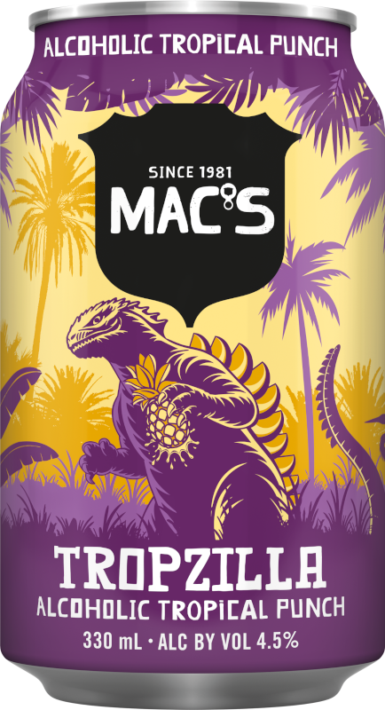 Mac's Tropzilla alcoholic tropical punch can with a purple dinosaur and palm-tree scene and bold white branding text on a yellow-purple background, including 'TROPZILLA' and 'ALCOHOLIC TROPICAL PUNCH'.