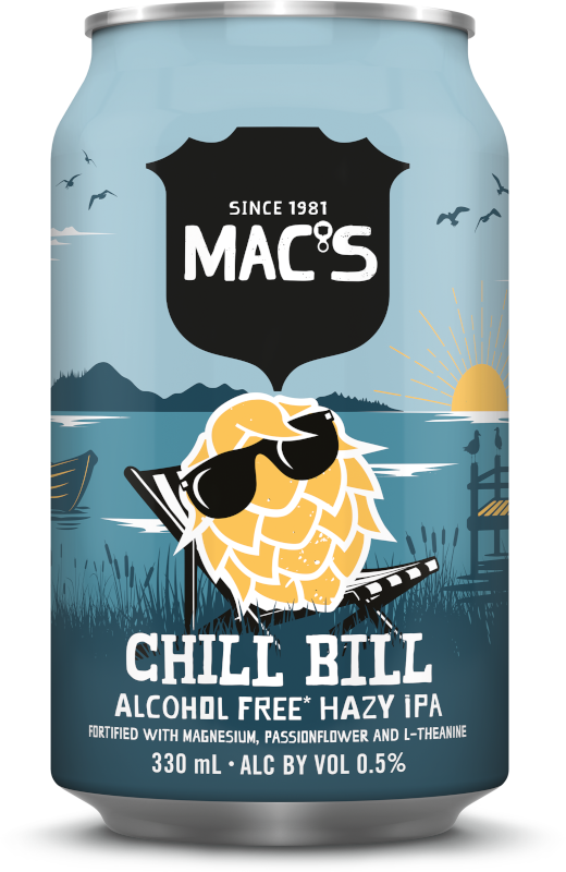 Mac's Chill Bill non-alcoholic hazy IPA can with a sunglasses-wearing yellow pelican by a lakeside sunset