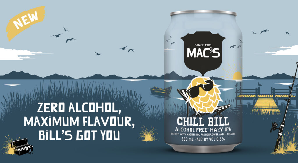 Can of Mac's alcohol-free beer in a coastal illustration with a dock, sun, birds, and bold slogan text on the background image: 'Zero Alcohol, Maximum Flavour'.